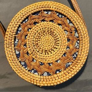 Woven Rattan Crossbody Bag - Tan and Blue